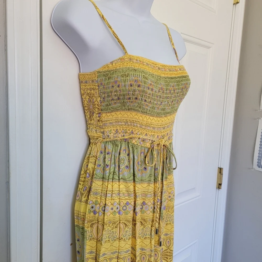 Forever 21 Yellow Green Printed Wide Leg Sleeveless Ruched Top Jumpsuit Size S